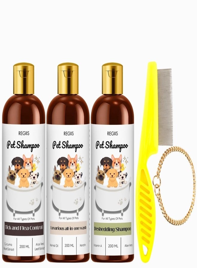 REGIIS Pet Shampoo Set for Dogs, 3 Pack with Flea Control, All-in-One Wash, Deshedding Formula, 200ml Bottles, Includes Flea Comb(5 Pack) - Image 1